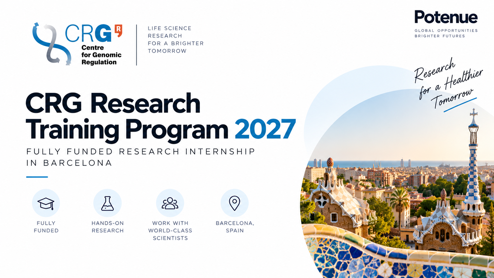 CRG Research Training Program 2027 in Barcelona: Fully Funded Research Internship