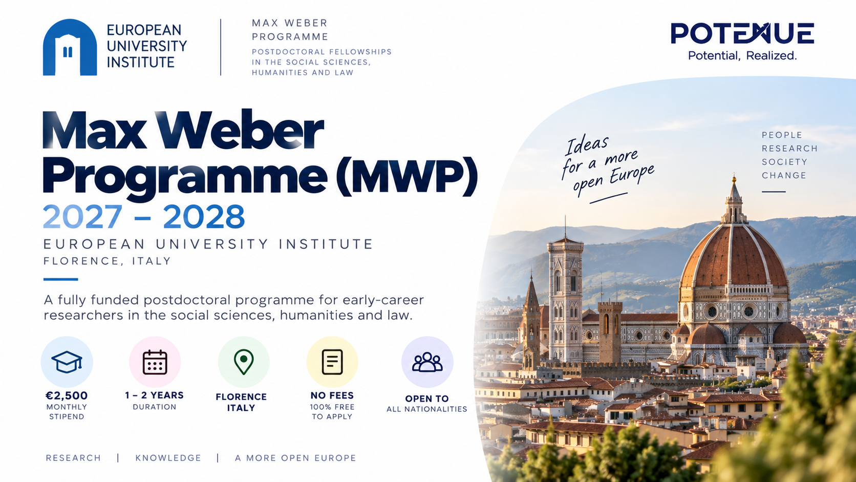 Max Weber Programme (MWP) 2027–2028 at EUI: Postdoctoral Fellowship in Florence